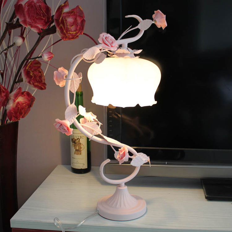 Iron Art Pink Ceramic Rose Bed Lamp for Bedroom Decorislane