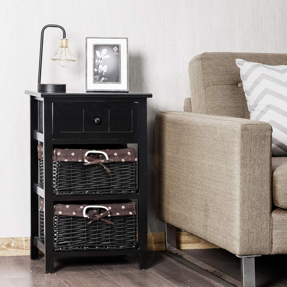 3-Tier Wooden Nightstand with Drawer & Baskets Decorislane