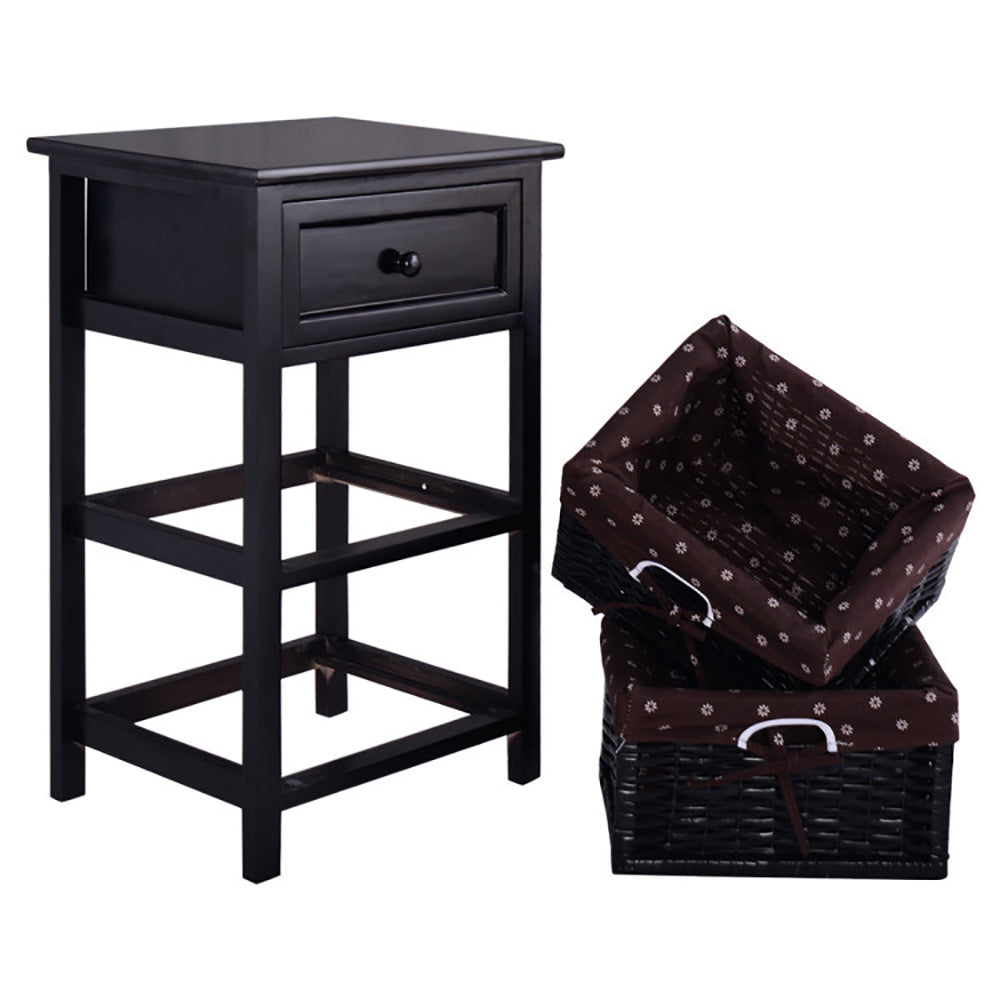 3-Tier Wooden Nightstand with Drawer & Baskets Decorislane