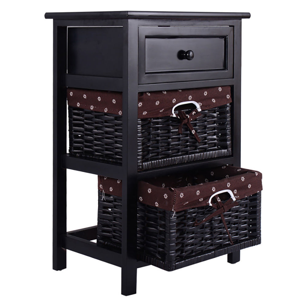 3-Tier Wooden Nightstand with Drawer & Baskets Decorislane