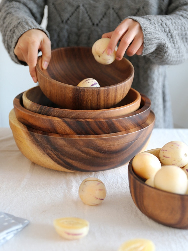 Kitchen Natural Wooden Bowl Household Fruit Bowl Salad Bowl For Home Restaurant Food Container Wooden Utensils – Decorislane