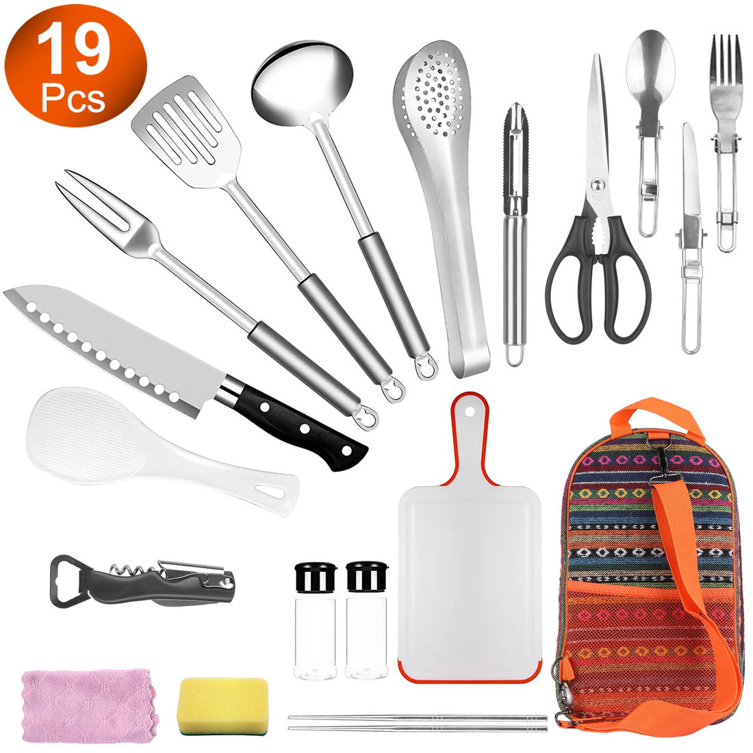 19-Pcs Camping Cooking Utensil Kit with Storage Bag Decorislane