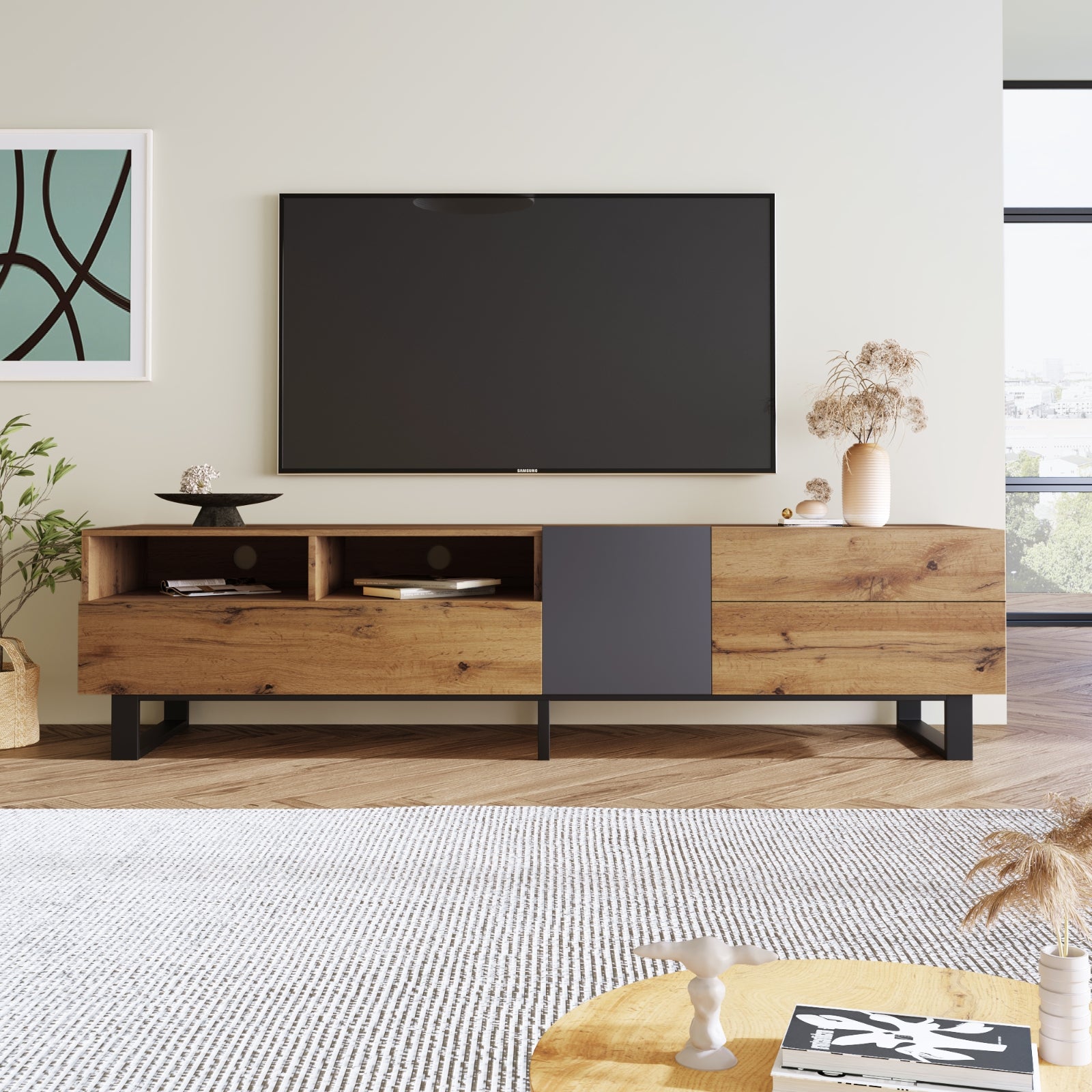 Modern TV Stand for 80" TV with Double Storage Decorislane