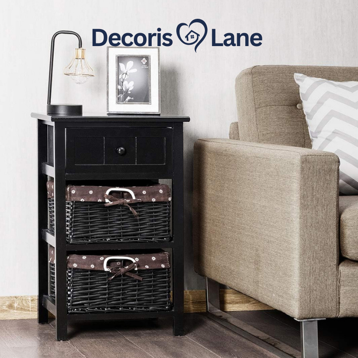 3-Tier Wooden Nightstand with Drawer & Baskets Decorislane