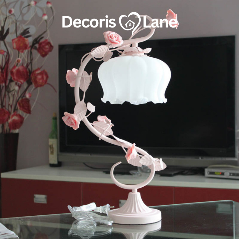 Iron Art Pink Ceramic Rose Bed Lamp for Bedroom Decorislane