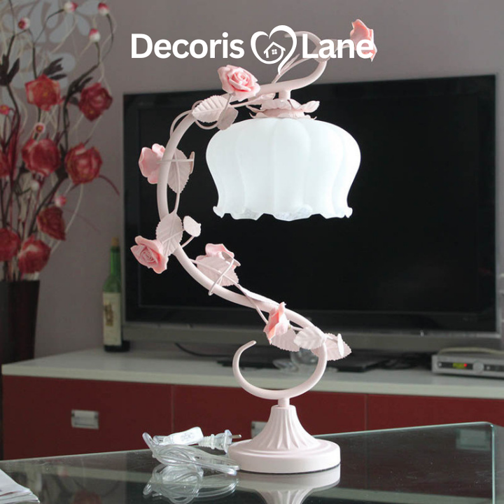 Iron Art Pink Ceramic Rose Bed Lamp for Bedroom Decorislane
